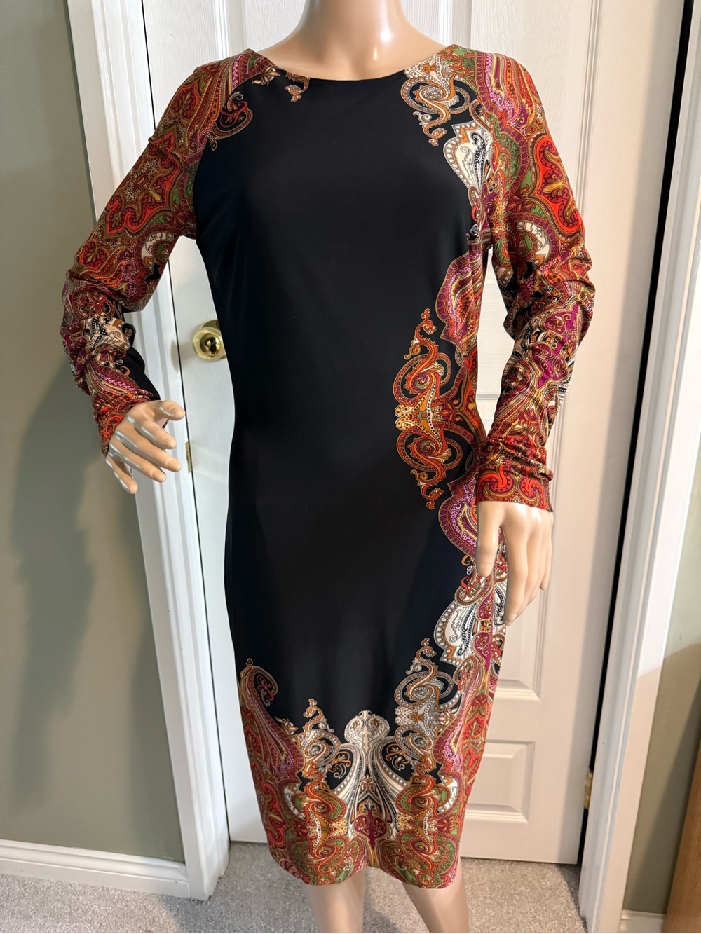 Y2K Cache Midi Maxi Dress Long Sleeve Black Paisley Size 6 Retro Stretch